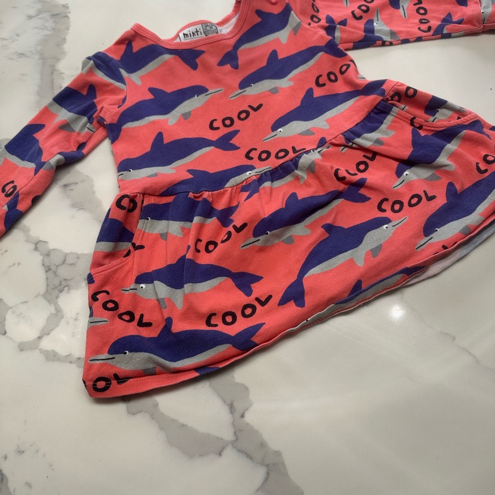 Mint Kids Dress - Coral with Blue Dolphins